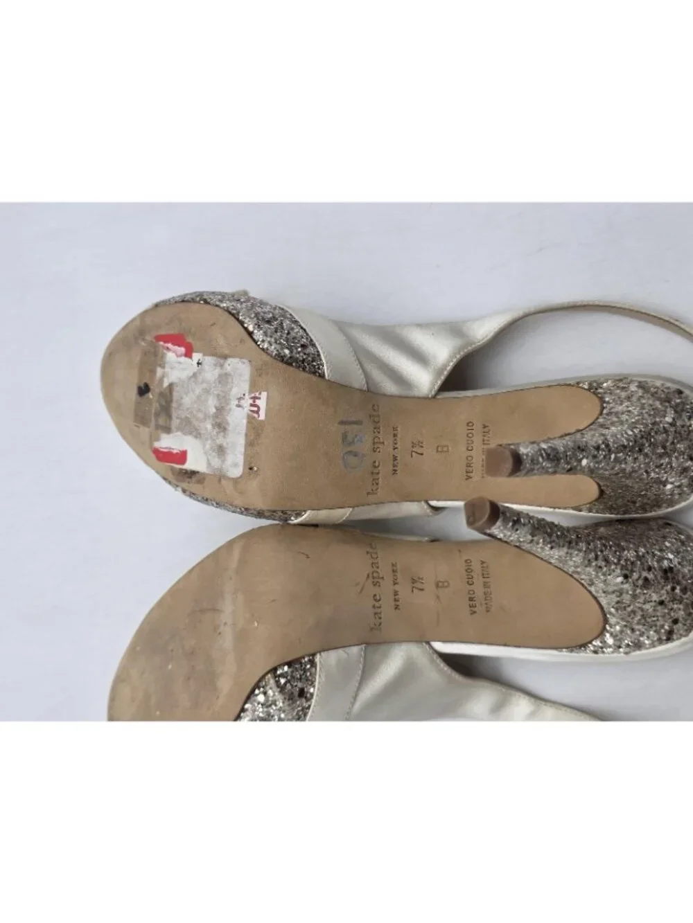 Kate Spade Shoes Womens Size 7.5 White Glitter Bow Slingback Heels Stains